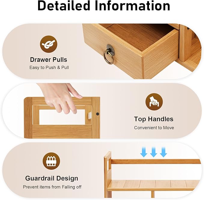 Bamboo Desktop Bookshelf, Organizer Office Desk Storage Display Shelf Rack with 3 Drawers Desk File, Office Counter Top Bookcase for Home School