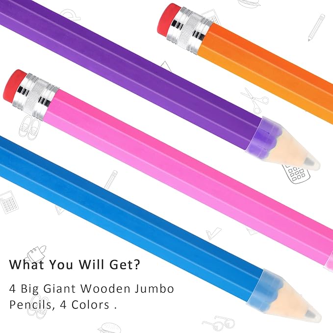 Gersoniel 4 Pack 14 Inch Wooden Jumbo Pencils Big Giant Large Huge Wood Pencil Prop with Eraser Novelty Funny Pens Gag Gifts for Office Classroom School Favors Supplies(Pink, Blue, Yellow, Purple)
