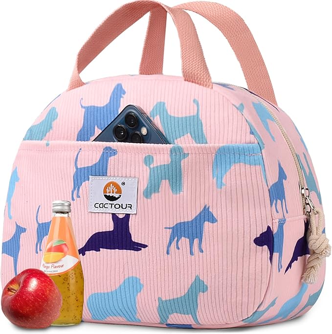 CaCTOUR Lunch Bag Kids,Cute Lunch Box for Kids Boys Girls,Portable Mini Cooler Bag,Small Insulated LunchBox Reusable Corduroy Lunch Tote for School/Travel/Picnic/Work (Dog)