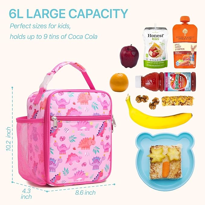 Bagseri Kids Lunch Box for Girls - Insulated Toddler Lunch Bag Fits Bento Box, Reusable Daycare Cooler Tote with Clip Handle, Water-Resistant Lining, Pink Dinosaur