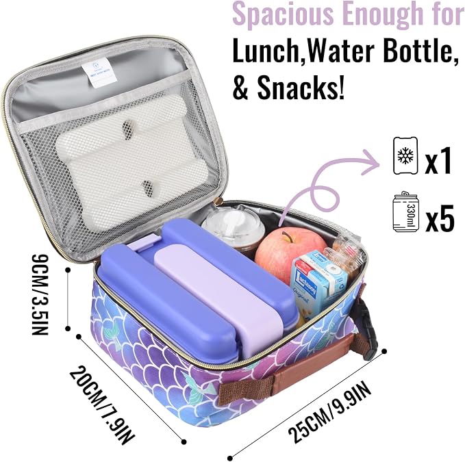 Genteen Lunch Box for Kids, Boys - Insulated Small LunchBox Reusable, Zip Closure & Buckle Handle, Portable Cooler for Work, School, Travel (Mermaid)