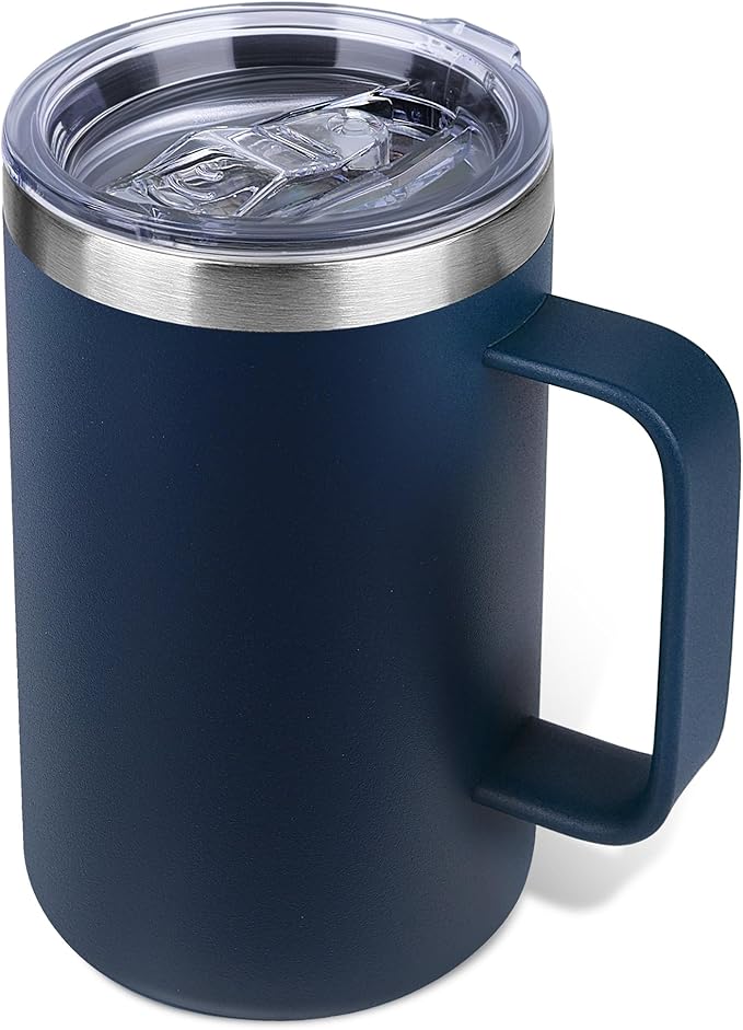 22oz Insulated Coffee Mug with Handle & Leak-Proof Lid - Double Wall Stainless Steel Travel Tumbler for Commute/Office/Home, Navy Blue, 1 Pack