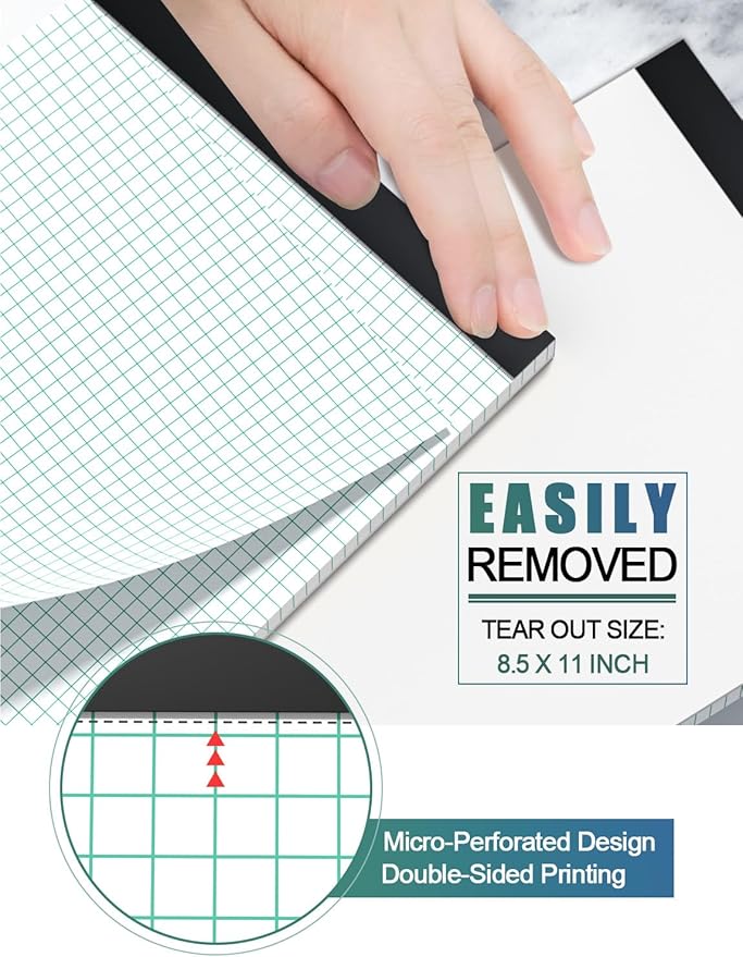 Graph Paper Pads 8.5 x 11, 4x4 Graph Ruled, 2 Pack 1/4 Graph Paper Notebooks, Grid Paper Pad Notebook 8-1/2" x 11" Graphing Paper, Perforated Quadrille Pad, 70GSM White Graft Paper Pads, 30 Sheets/Pad