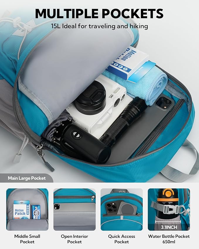 WATERFLY Small Lightweight Packable Backpack: 15L Mini Ultra Light Foldable Travel Daypack with Breathable Shoulder Strap Outdoor Hiking Camping Day Pack for Women Men Blue