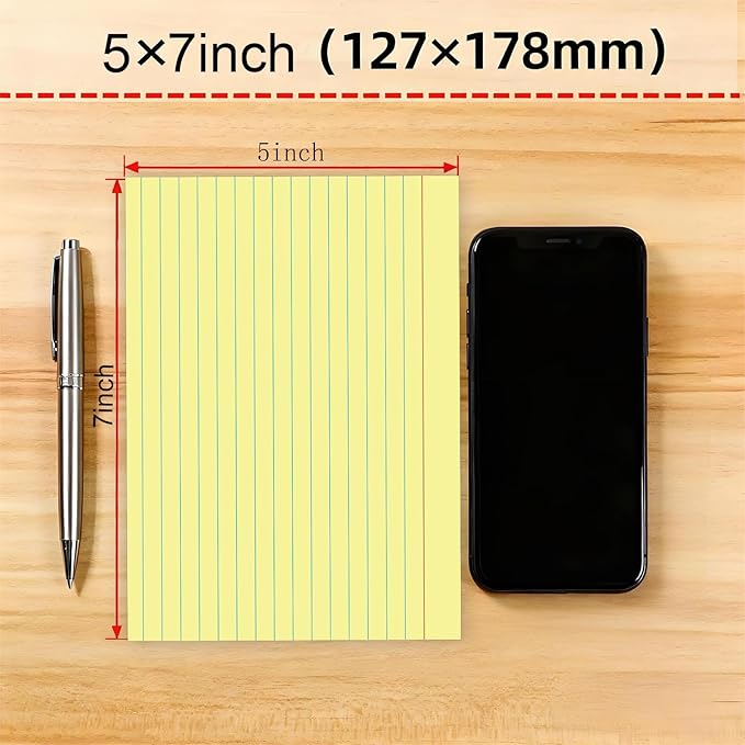 Yellow Ruled Index Cards 5x7 Inch - 50 Pack Study Flash Cards for School, Office & Home, Durable Note Cards with Lines