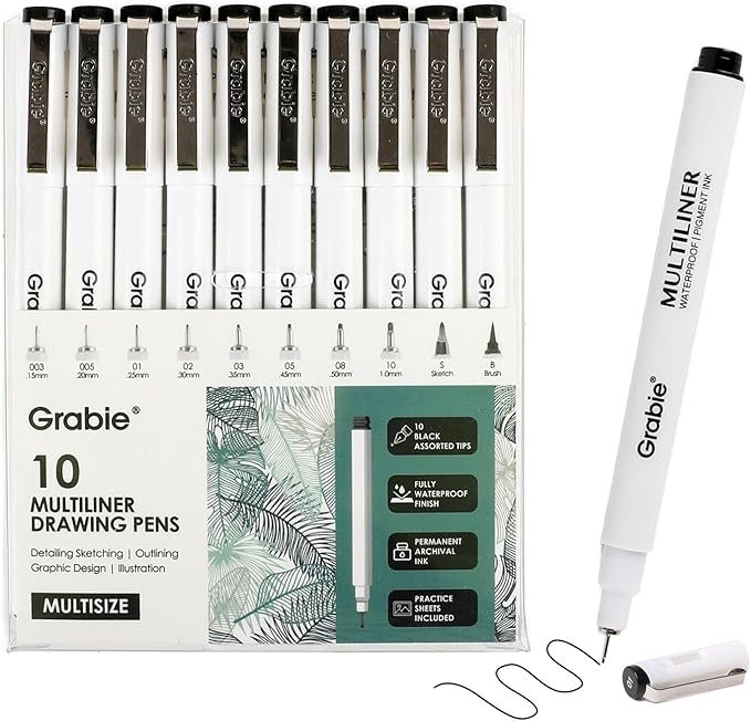 Grabie Micro Finerliner Pens, 10 Black Fine Line Waterproof Drawing Pens, Assorted Point Sizes for Sketching, Illustration, Journaling, Art Supplies