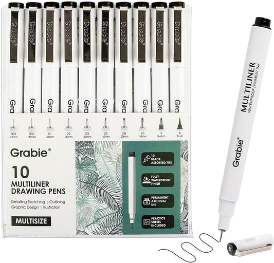 Grabie Micro Finerliner Pens, 10 Black Fine Line Waterproof Drawing Pens, Assorted Point Sizes for Sketching, Illustration, Journaling, Art Supplies