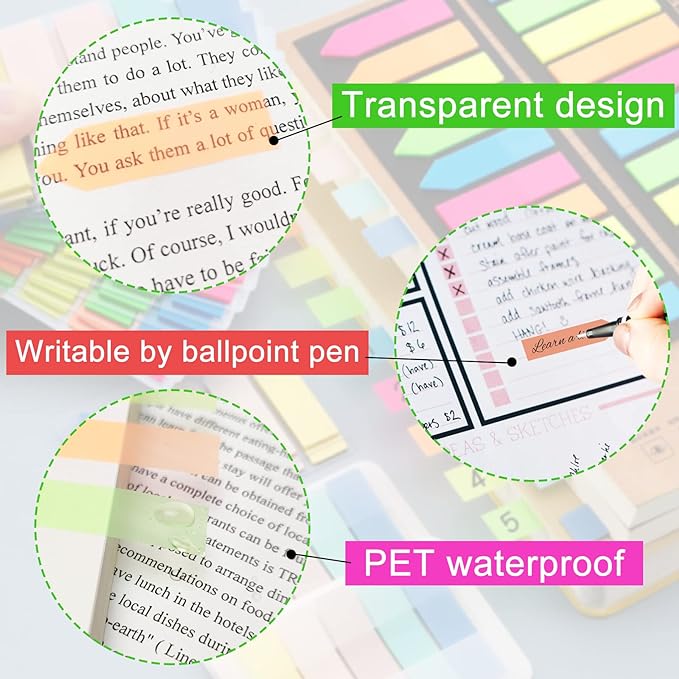 KICNIC Page Markers Colored Sticky Tabs 800 Pcs, Translucent Arrow Flags for Page Marking, Fluorescent Index Tab Stickers for Notebooks, Small Sticky Notes Flags [8 Colors, 4 Sets]
