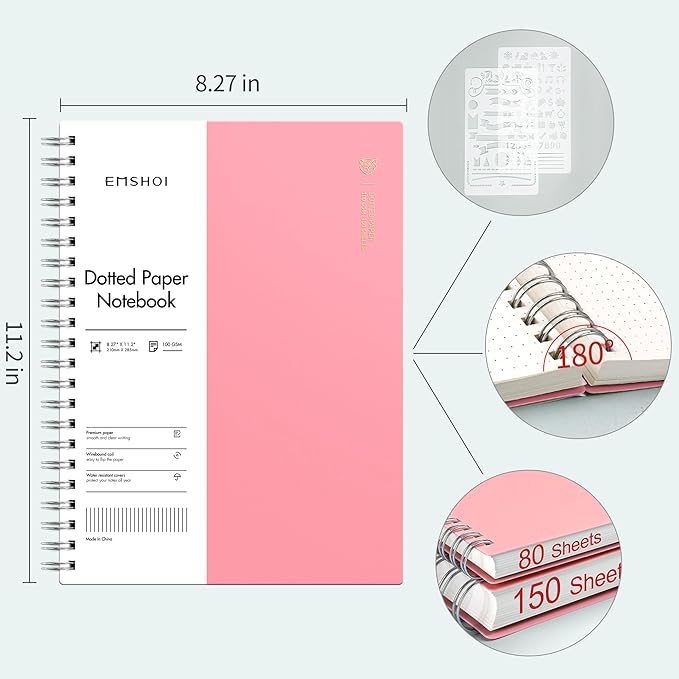 EMSHOI Dotted Journal Spiral Notebook, 300 Pages, A4 Large 8.27"x11.2", 100 GSM Thick Paper, Flexible Plastic Cover, 5mm Dot Grid Notebook for Journaling, Planning, Drawing, Writing, Pink