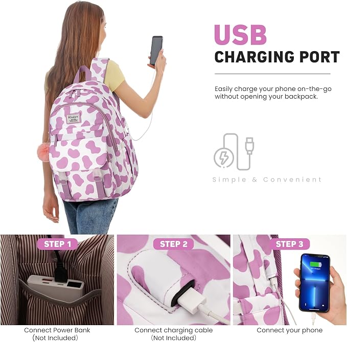 WINDARS School Backpack for Teen Girls, Cute College Backpacks for Women Students Aesthetic Bookbag Large 15.6 Inch Laptop Bag Middle School Travel Back Pack (Cow Print Purple)