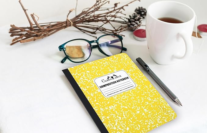 CLEENTABLE Composition Notebook 8 Pack, Wide Ruled Paper, Marble Cover Notebooks for School, 9.75 x 7.5 Inches, 100 Sheets (200 Pages), Sewn Binding Comp Books, Yellow