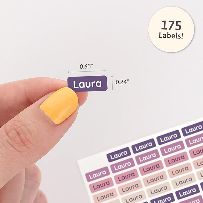 Mini Name Labels (175) - Custom Personalized Name Labels for Labeling Tiny Items, Washer and Dryer-Safe Waterproof Labels for Daycare, Preschool, and School - Purple Palette
