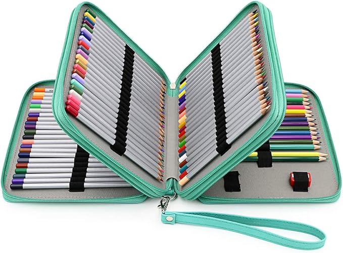 BTSKY Deluxe PU Leather Pencil Case For Colored Pencils - 120 Slot Pencil Holder with Handle Strap Handy Colored Pencil Box Large(Green)