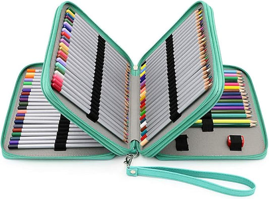 BTSKY Deluxe PU Leather Pencil Case For Colored Pencils - 120 Slot Pencil Holder with Handle Strap Handy Colored Pencil Box Large(Green)