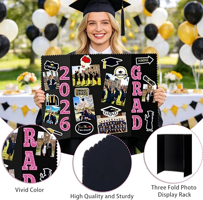 Graduation Photo Display Board - 4 Set Trifold Poster Board for Graduation Party, Colorful Folding Picture Presentation Frame for Multiple Pictures Table Decor (24x16 Inches)