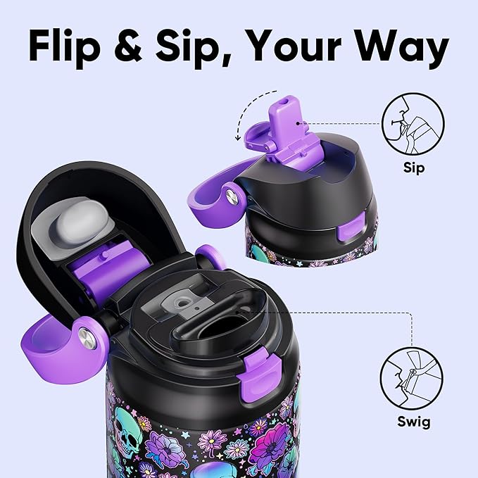 Encool SwiftSip Insulated Stainless Steel Water Bottle with Straw - Leak Proof Sports Water Bottle for School, Travel, Keeps Cold All Day, One-Touch Flip Lid, BPA-Free, 24 oz, Floral Afterlife