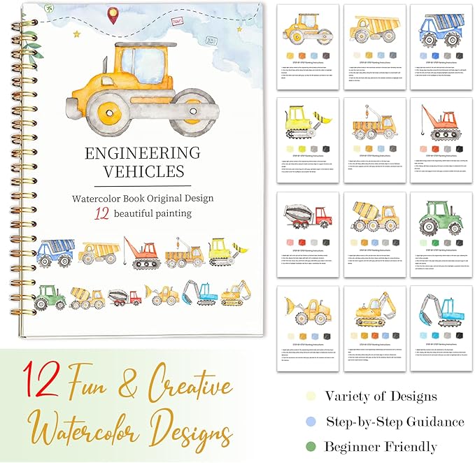 Easy Watercolor Workbook for Beginners - 12 Beautiful Step-by-Step Paintings Water Coloring Book, Includes 18 Colors Paints, Relaxing Art Projects and Creative Gift for Adults (Construction Vehicles)