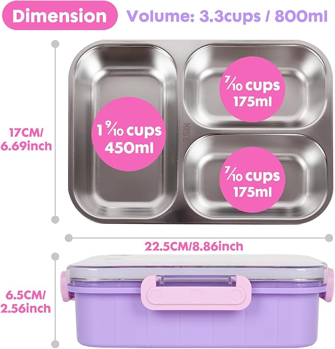 Stainless Steel Bento Lunch Box for Kids, 800ml/27oz BPA-Free Leak-Proof Food Containers with 3 Compartments, Freezer & Dishwasher Safe, Back to School Students Lunches Size for Ages 3-7