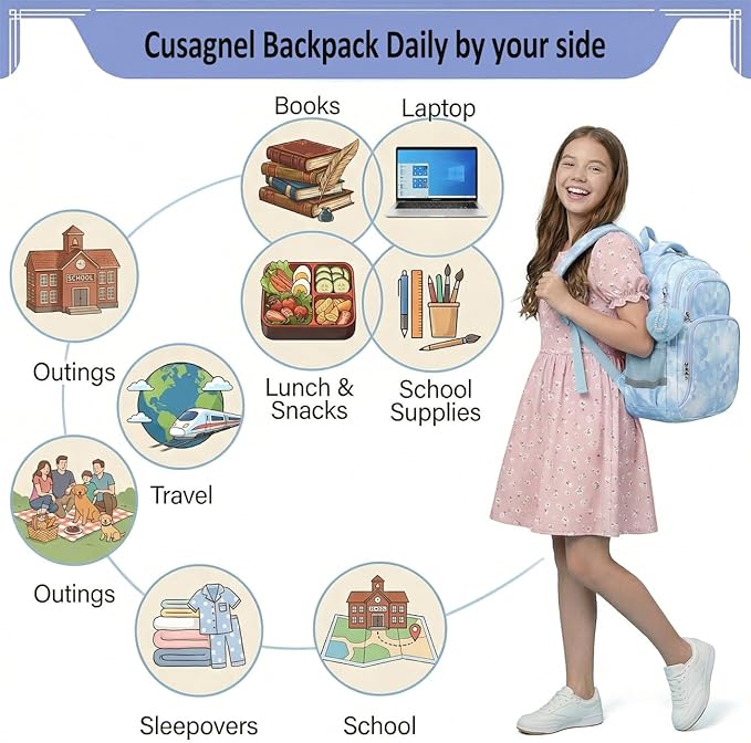 Cusangel Kids Backpack for Girls and Boys, 16in Nylon Bookbag, Large Capacity, Multi-Pocket with Chest Strap, Ages 8-14 (Blue-Boysbag)