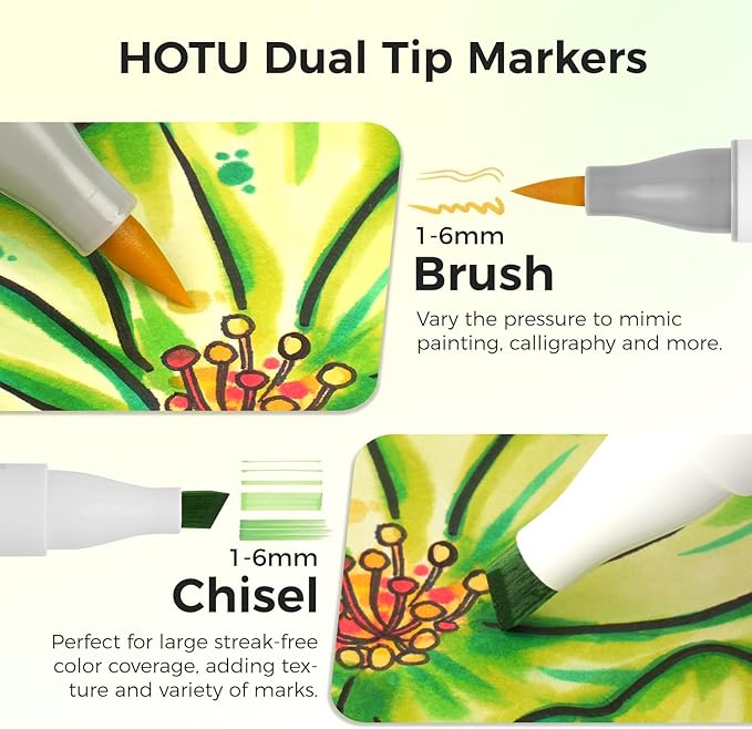 HOTU 120 Colors Alcohol Markers, Artist Dual Tip (Brush & Chisel) Sketch Pens, Professional Art Markers Set for Adult Coloring Illustration, with Coloring Cards and Non-Bleeding Pad