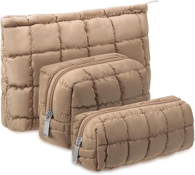 Huhumy 3 Pcs Puffy Makeup Bag Quilted Cosmetic Pouch for Women Cute Checkered Travel Toiletry Bag Puffer Makeup Organizer Purse Pouch Preppy Pencil Case with Zipper (Brown)