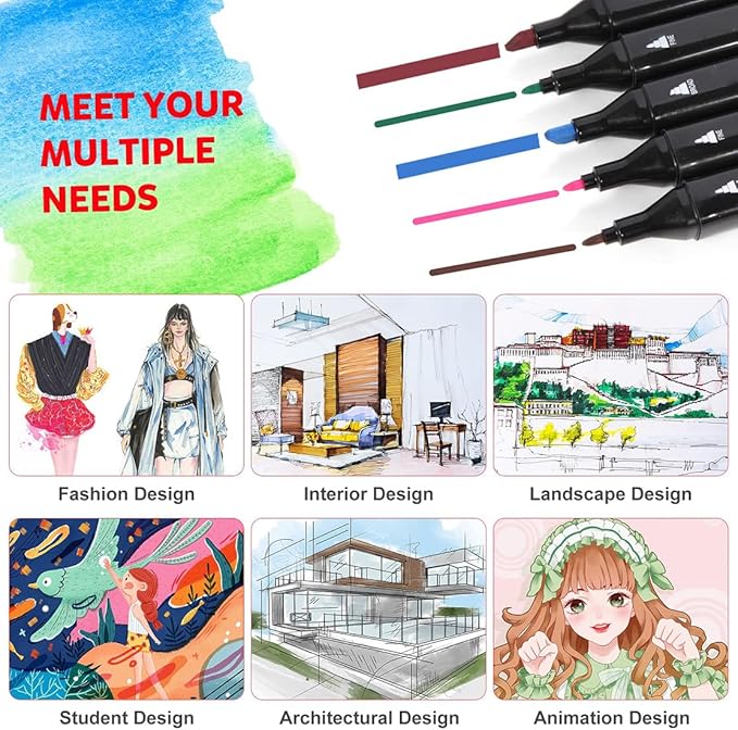 CREATSPARK Alcohol Markers 120 Colors with Base Dual Tip Art Drawing Markers for Anime Sketch Illustrations - Refillable