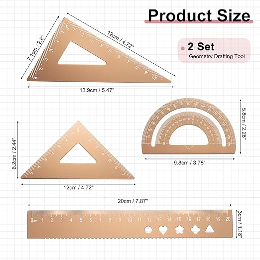 PATIKIL 8 Pcs Geometry Drafting Tool, Aluminum Alloy Geometry Kit Math Tool Includes 20cm L Ruler Protractor Triangles for Drafting Angle Measure Simple Science Experiment, Gold