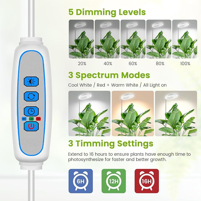Kullsinss 6.3in Grow Light, Full Spectrum Plant Lights for Indoor Growing | White Plant Lamp with 6/12/16H Auto Timer, 5 Brightness Levels, 10-60in Height Adjustable, for Indoor Tall Plants (2-Pack)