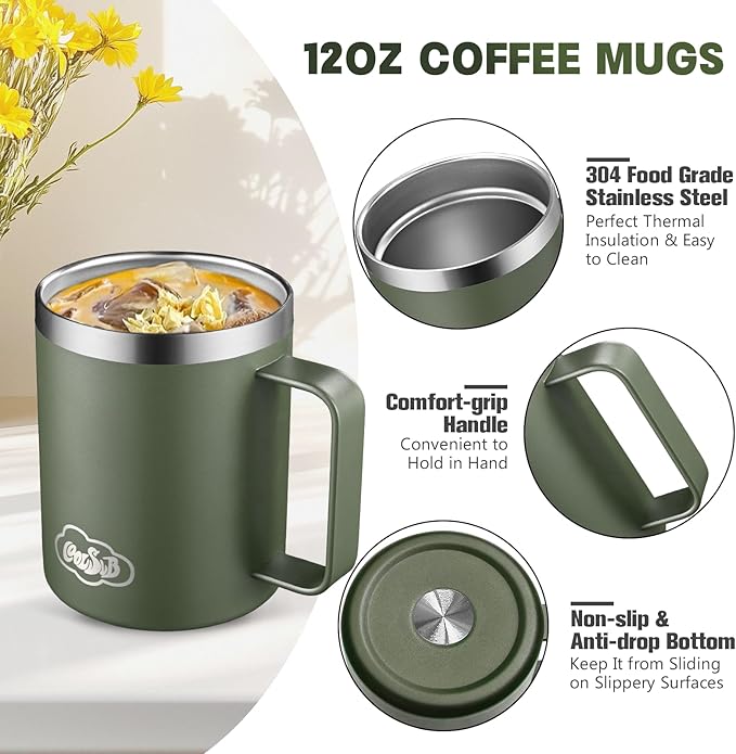 12oz Insulated Coffee Mug with Handle, Stainless Steel Wide Mouth Travel Tumblers with Lid, Double Wall Vacuum Coffee Cup for Camping, Office, Army Green 8 Packs