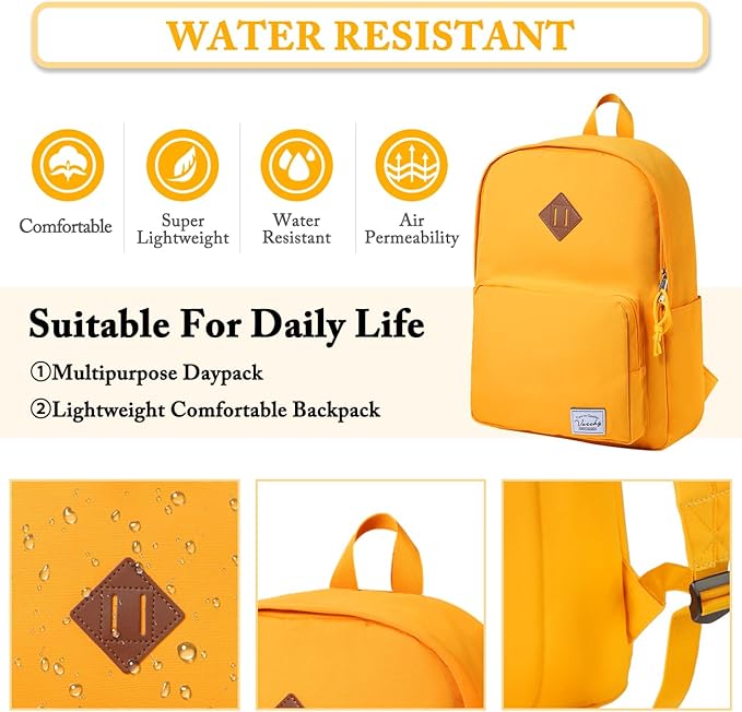 VASCHY School Backpack, Ultra Lightweight Backpack for Women Bookbag for Kids Teen Boys Girls Yellow