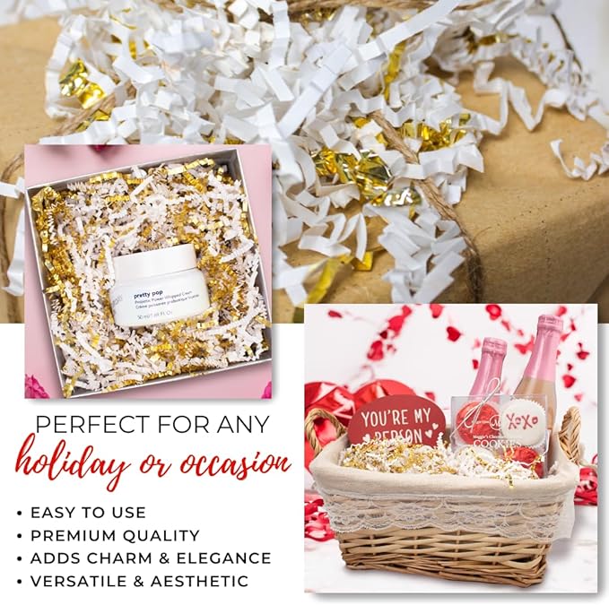 MagicWater Supply - 1 LB - White & Gold - Crinkle Cut Paper Shred Filler great for Gift Wrapping, Basket Filling, Birthdays, Weddings, Anniversaries