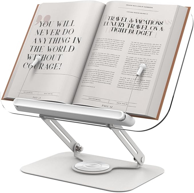 Acrylic Book Stand for Reading Hands Free - Adjustable 360° Rotating Cookbook Holder with Elastic Page Clips & Foldable Base, Multi-Angle Desktop Display Stand for Recipes, Textbooks, Tablets, Bibles