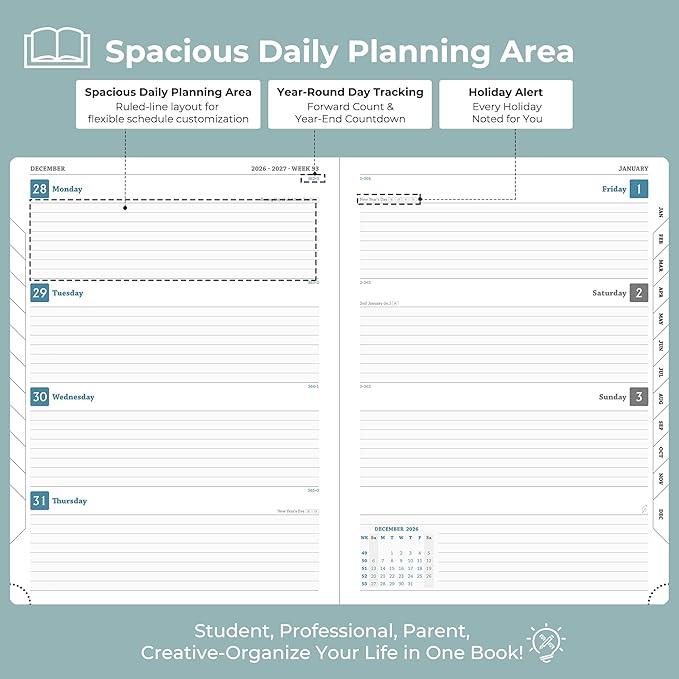 Planner 2026-2027 Daily Weekly and Monthly,11.5"x8.5",18 Months Spiral Bound Calendar Agenda with Self-adhesive Pen Holder,2026 Academic Plan with Vegan Leather Soft Cover,Dusty Blue