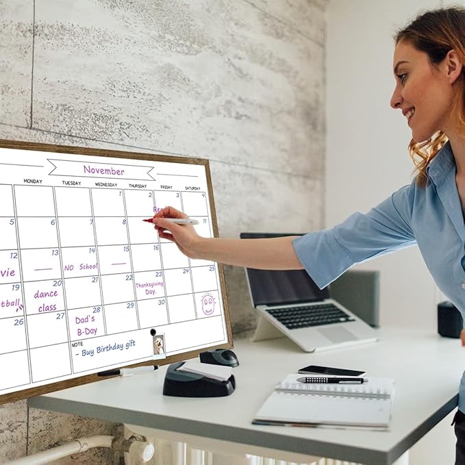 Dry Erase Monthly Calendar Whiteboard for Wall, Large Solid Pine Wood Rustic Brown Frame Magnetic Surface Whiteboard for Wall，23.6"x 31.5"(YLBB-B-RB-6080)