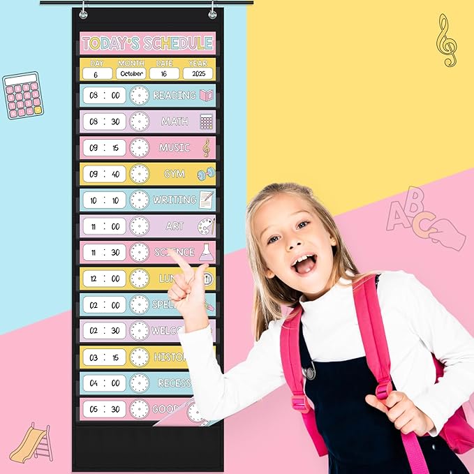 Pasimy Daily Schedule Pocket Chart for Classroom 15+1 Pockets with 31 Double Sided Reusable Cards 2 Magnetic Erasable Pens & Hangers Visual Schedule Chart School Office Home Decor(Black,Pastel)