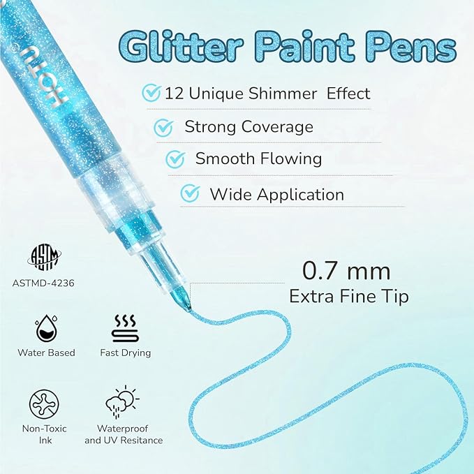 HOTU Glitter Markers Pen, 12 Glitter Colors Paint Pens Sparkly Metallic Shimmer Acrylic Marker Fine Point Tip 0.7mm Water-based Ink for Adults DIY Crafts Greeting Birthday Cards