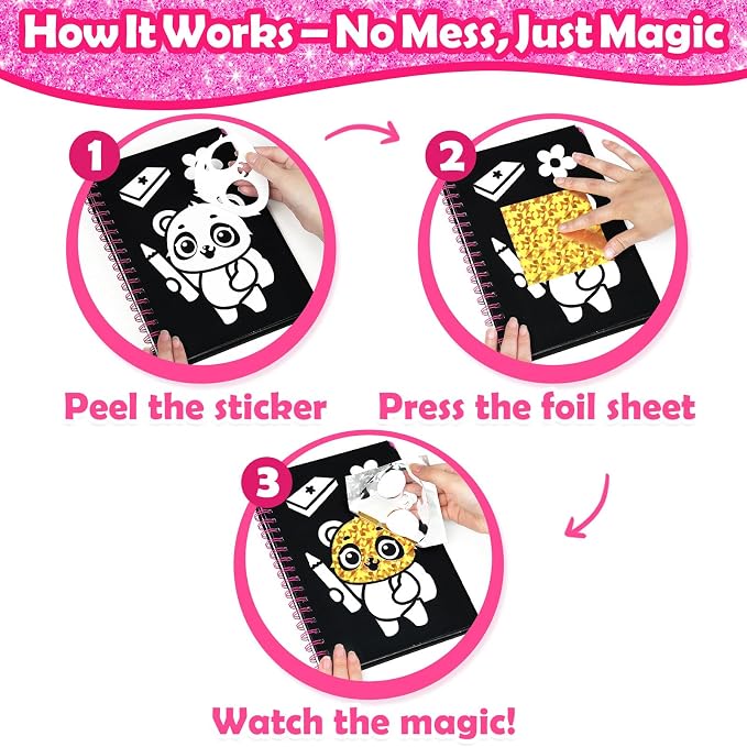FUNNYB&G Foil Art Craft Kit for Girls 4-10 Years Old: Mess-Free & No-Glue, Create 16 Back to School Pictures – Perfect Travel Toy & Birthday Gift for Kids (Back to School)