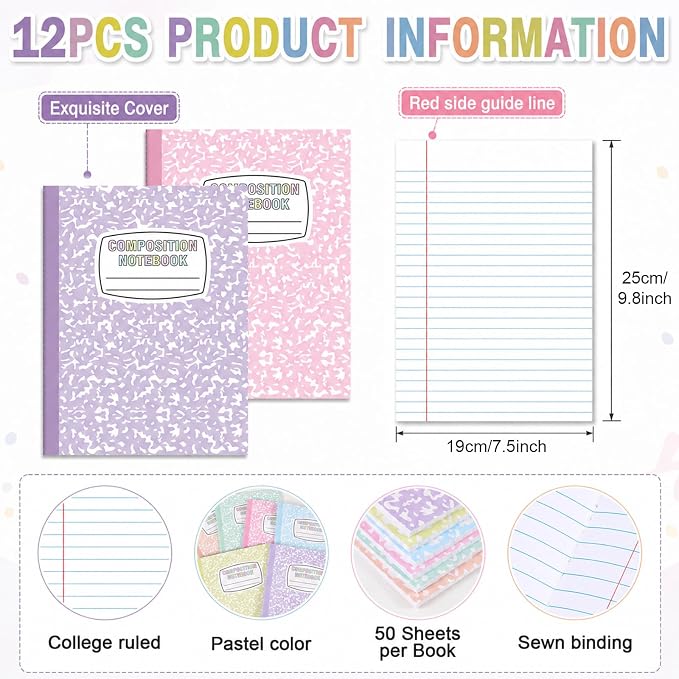 12 Pack Large Composition Notebooks Bulk 9.8 × 7.5 in Wide Ruled Hard Cover Composition Book Assorted Marble Journal College Ruled Paper for Adult Student College Office Back to School Supply(Pastel)