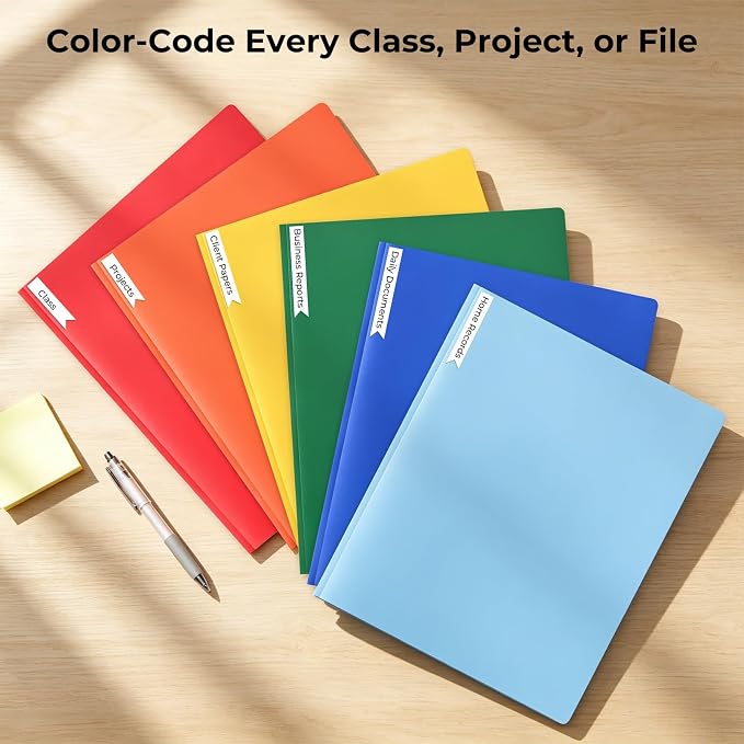 SUIN Plastic Project-Folder with 2 Pockets and 3-Prong Fasteners, for US Letter Size, Bulk Pack Color File-Folder for US Letter Size Papers, Ideal for School & Office, (Assorted Bright Colors)
