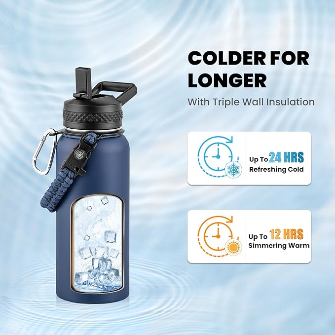RAYMYLO Insulated Water Bottle 32 oz, Triple Wall Vacuum Stainless Steel (Cold for 24Hrs, Hot for 12Hrs), Leak Proof & Non-BPA, Modern Water Flask Jug with Paracord Handle & Straw Spout Lids
