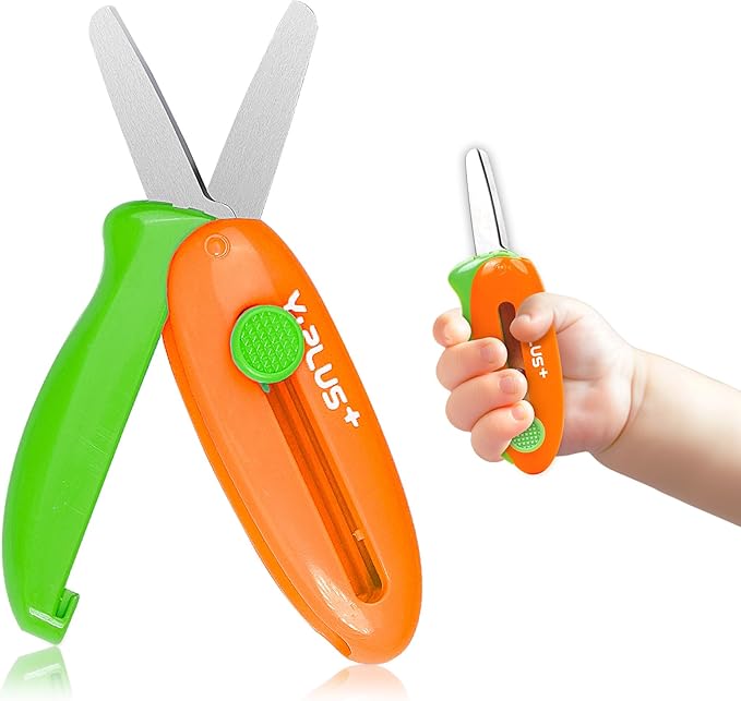 Safety Scissors for Kids, Retractable Small Scissors for Toddler Craft Ages 3-5 2-4 1-3, Cute Toddler Craft Preschool-Orange