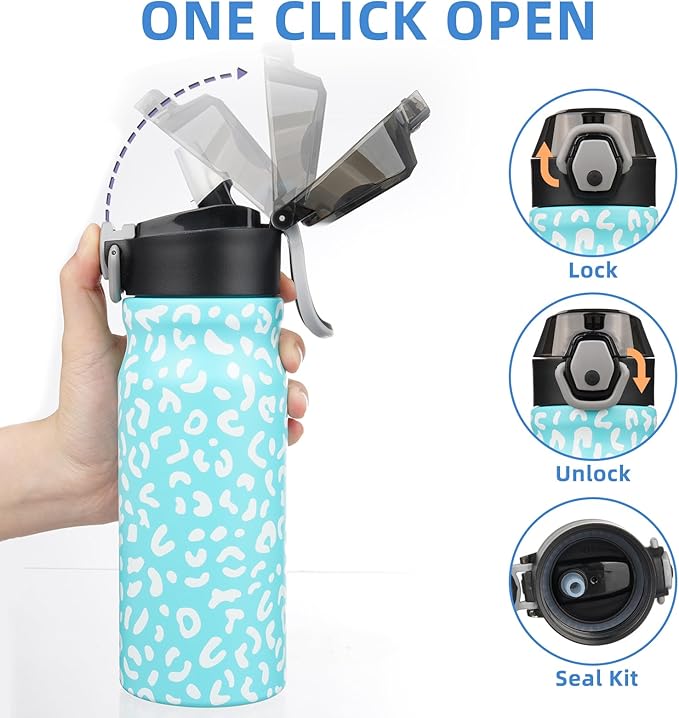 BJPKPK Insulated Water Bottle 18oz Stainless Steel Water Bottles with Straw and Carry Handle Double Wall Metal Thermal Flask,Sky Blue Leopard