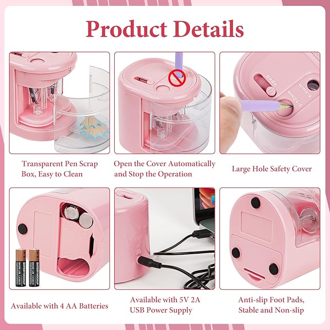 AUAUY Automatic Electric Pencil Sharpener with 2 Hole Sizes, Battery Operated with 4 Knife Holders & Charger, for Standard & Makeup Pencils (Pink)