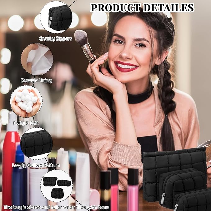 Huhumy 3 Pcs Puffy Makeup Bag Quilted Cosmetic Pouch for Women Cute Checkered Travel Toiletry Bag Puffer Makeup Organizer Purse Pouch Preppy Pencil Case with Zipper(Black)