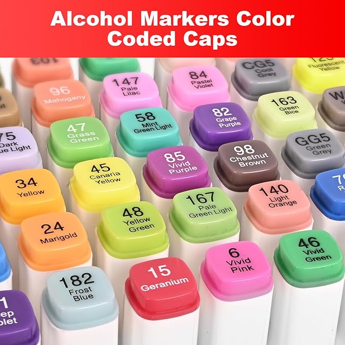 Hnncugty Alcohol Markers Set 100 Colors, Dual Tips Coloring Art Markers Set with Case & Holders, Chisel & Fine Artist Sketch Pens Art Supplies for Adult Coloring Books, Drawing, Painting, Sketching