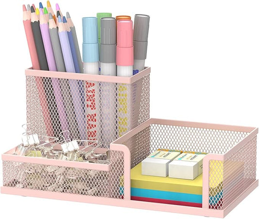 SUPEASY Mesh Pen Holder Desk Organizer, Office Supplies Pencil Storage with 3 Compartments, Office Desk Accessories and Workspace Organizers for Home School Classroom, Pink