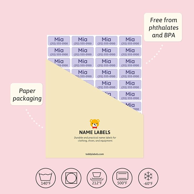 TeddyLabels - Clothing Labels for Nursing Home (180) – Self-Adhesive Name Tags for Clothes and Personal Items. Personalized Labels for Daycare, Nursing Homes, and Laundry Use - Light Purple