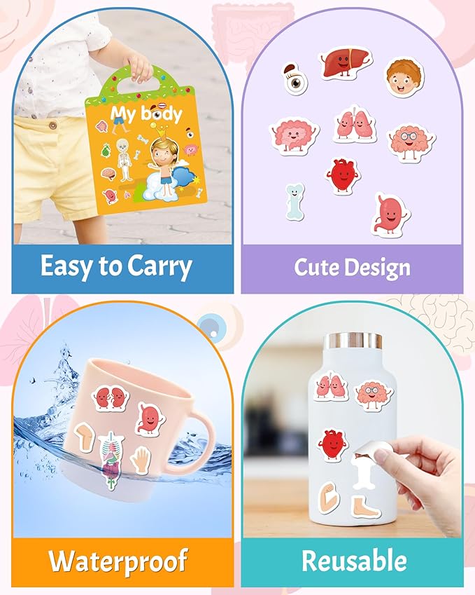 Benresive Reusable Sticker Book for Toddlers, Travel Stickers for Kids, Toddler Crafts Activities Toys, Birthday Gifts for Boys & Girls - My Body