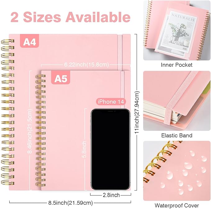 Spiral Notebook 8.5" x 11", 5 Subject Notebooks College Ruled with Removable Dividers, 300 Pages 100GSM Thick Spiral Writing Journal for Women & Men, Large A4 Lined Journal Notebooks for Work, School