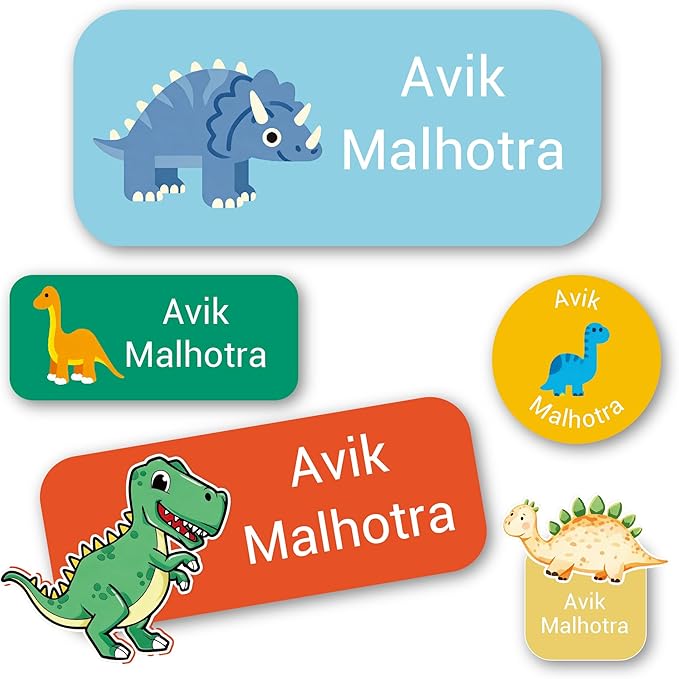 Personalized Kids Name Labels – Waterproof Custom Stickers for Daycare & School, 117 Pack, Dishwasher & Laundry Safe (Dinosaur)
